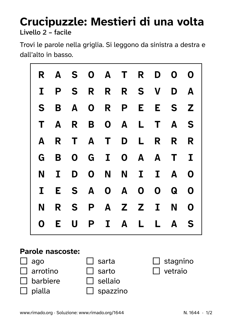 Anteprima del foglio stampato: Crucipuzzle «Mestieri di una volta», n. 1644