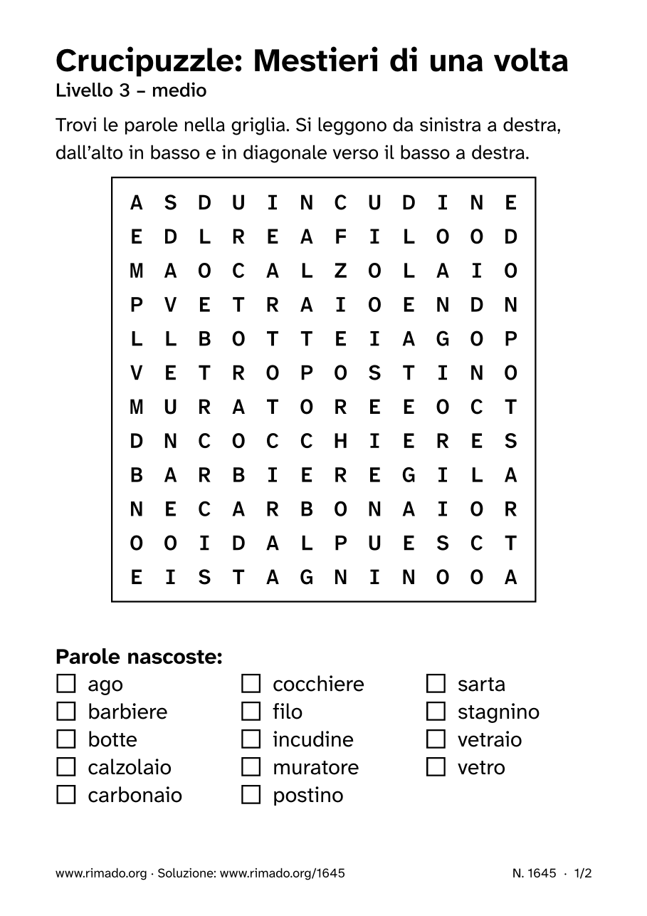 Anteprima del foglio stampato: Crucipuzzle «Mestieri di una volta», n. 1645