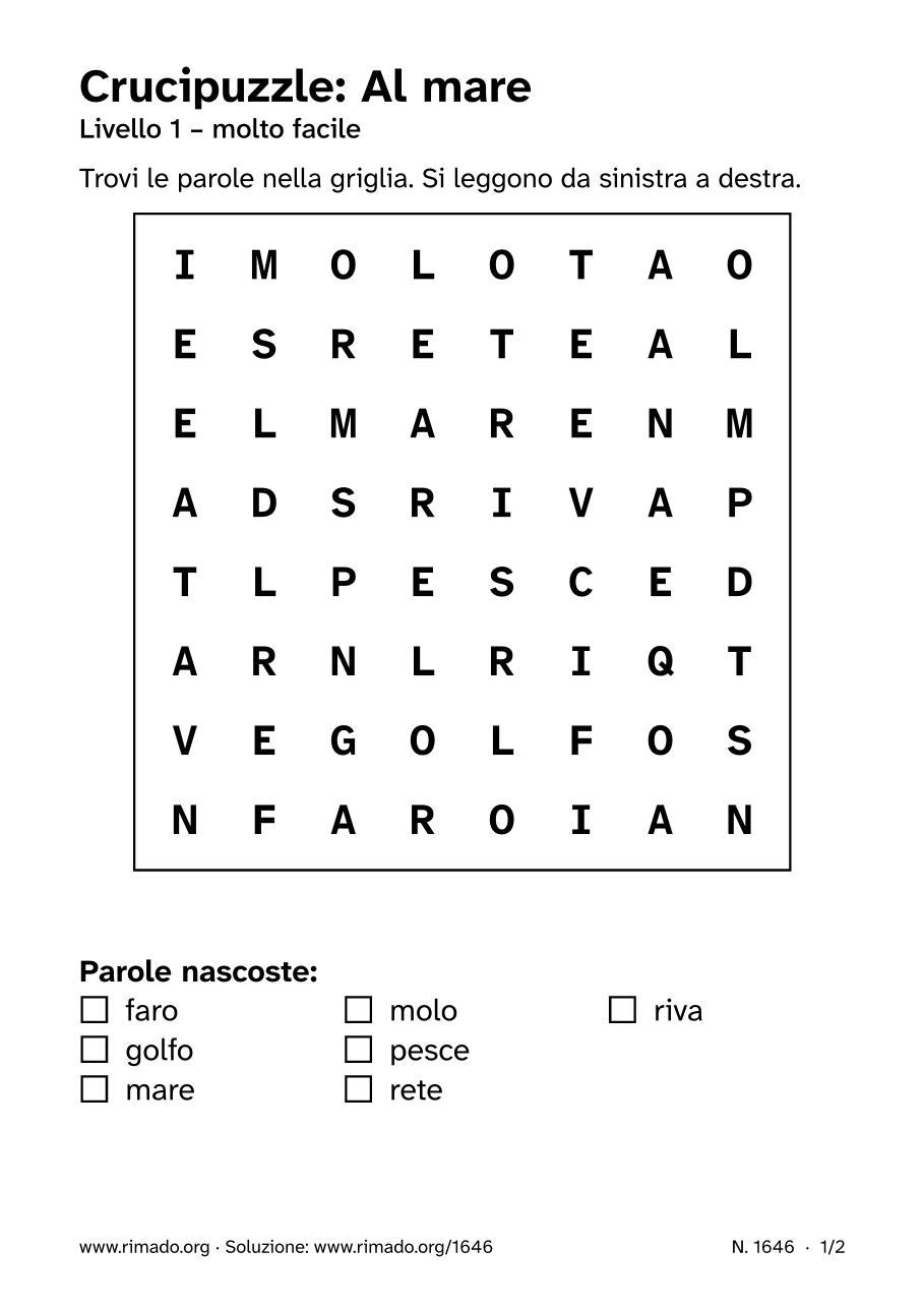 Anteprima del foglio stampato: Crucipuzzle «Al mare», n. 1646