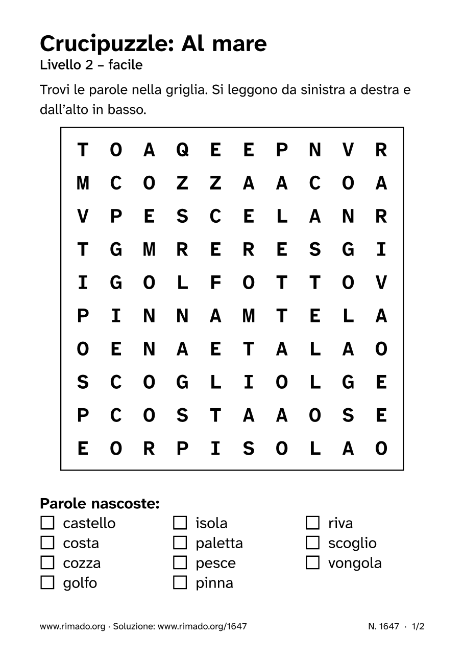 Anteprima del foglio stampato: Crucipuzzle «Al mare», n. 1647