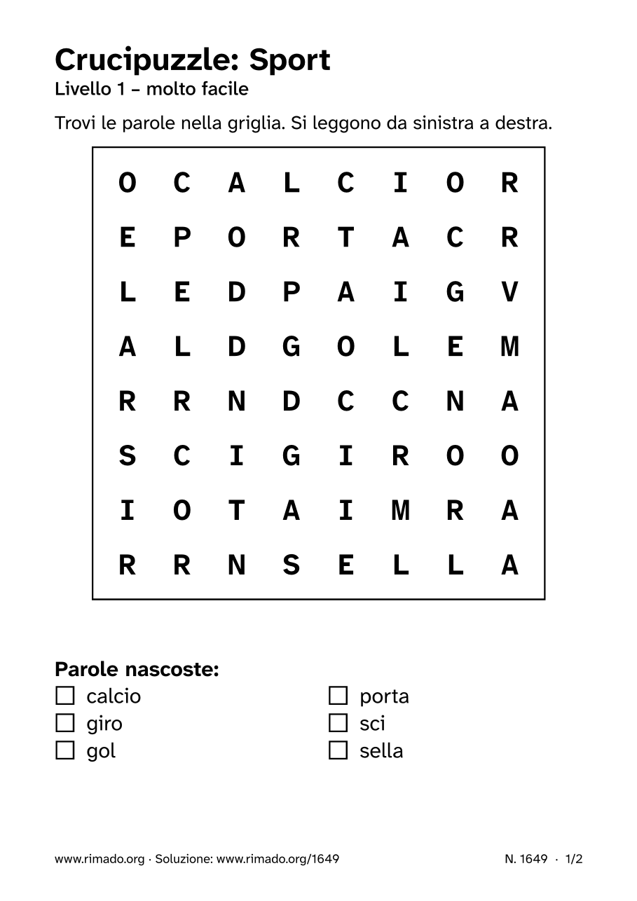 Anteprima del foglio stampato: Crucipuzzle «Sport», n. 1649