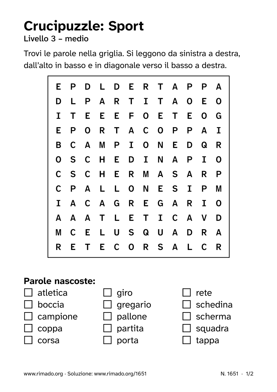 Anteprima del foglio stampato: Crucipuzzle «Sport», n. 1651