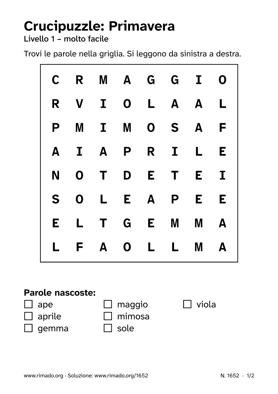 Anteprima del foglio stampato: Crucipuzzle «Primavera», n. 1652