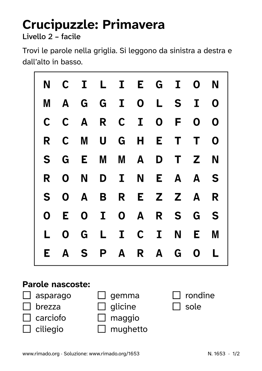Anteprima del foglio stampato: Crucipuzzle «Primavera», n. 1653