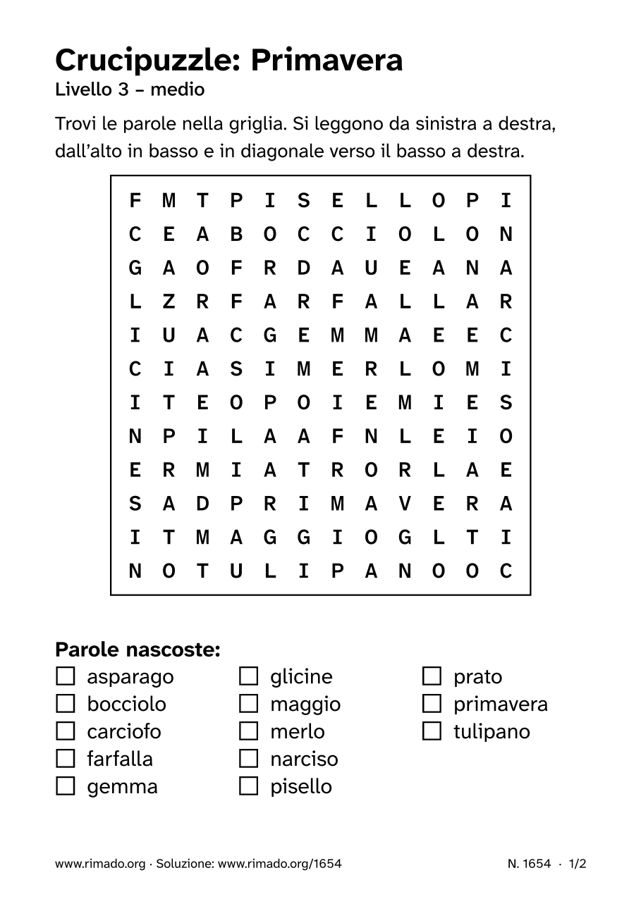 Anteprima del foglio stampato: Crucipuzzle «Primavera», n. 1654