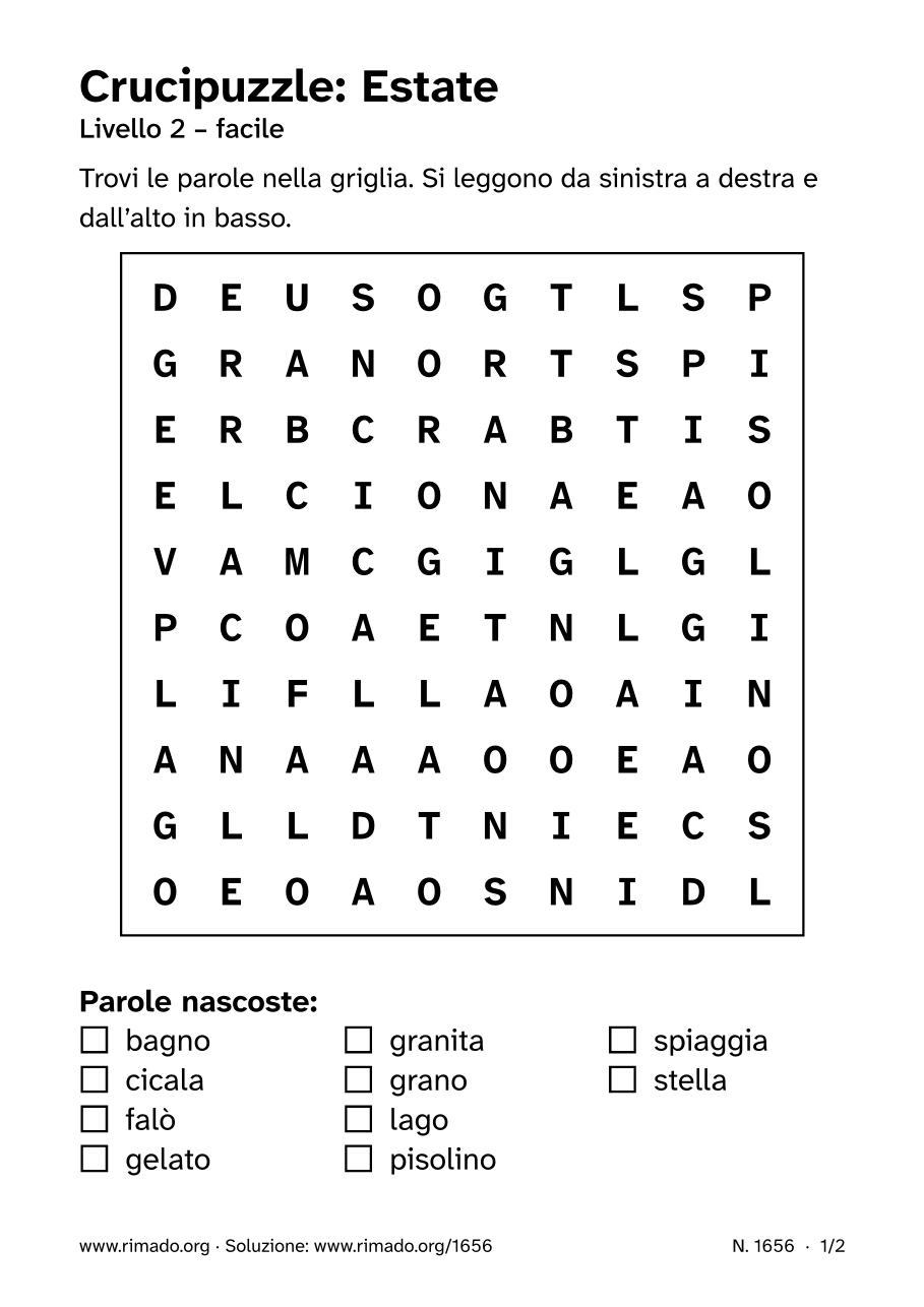 Anteprima del foglio stampato: Crucipuzzle «Estate», n. 1656