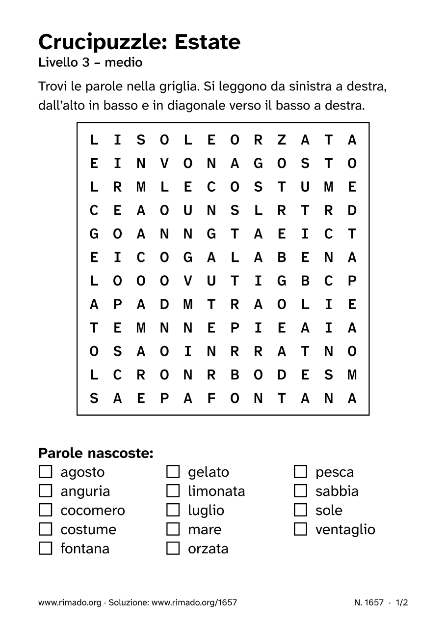Anteprima del foglio stampato: Crucipuzzle «Estate», n. 1657