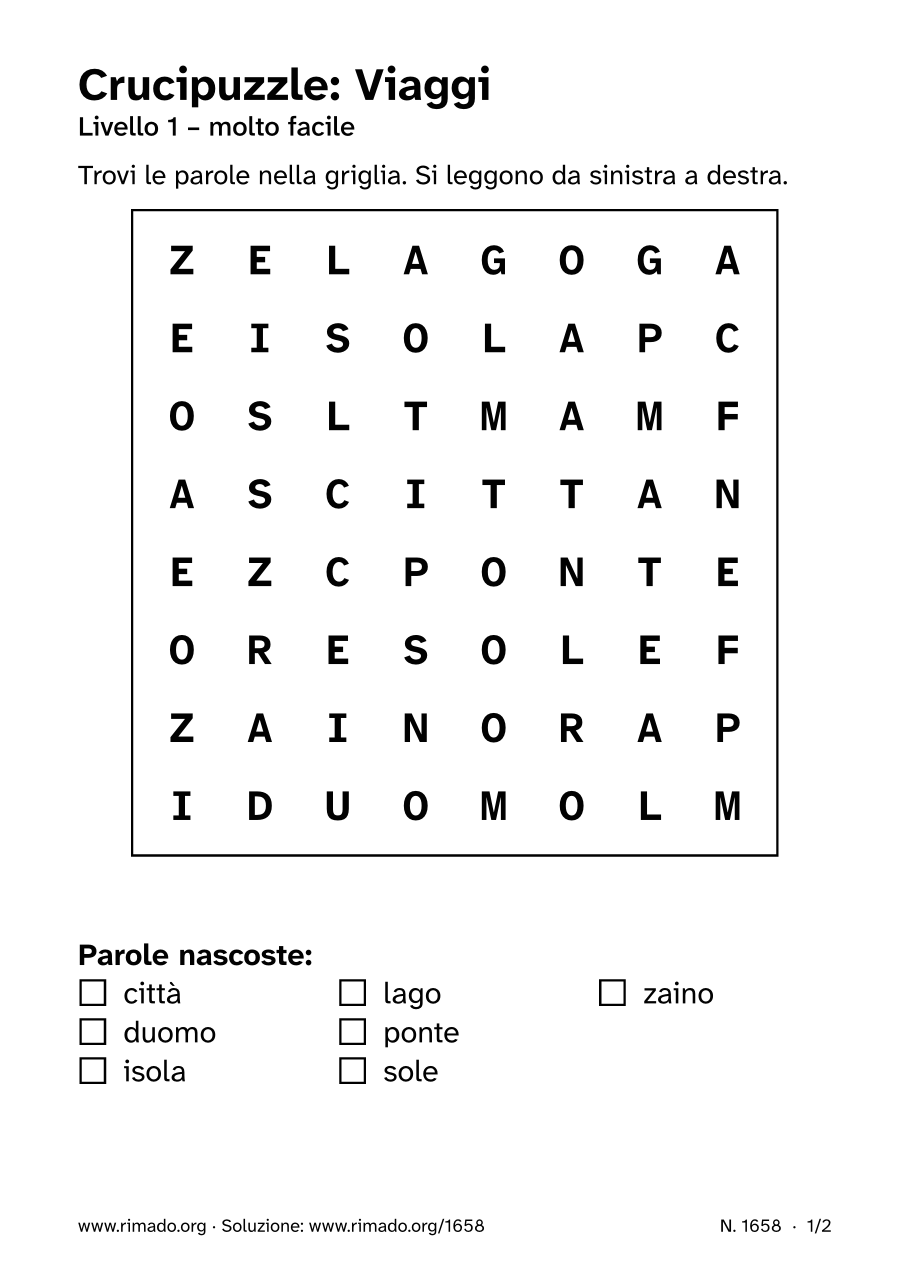 Anteprima del foglio stampato: Crucipuzzle «Viaggi», n. 1658