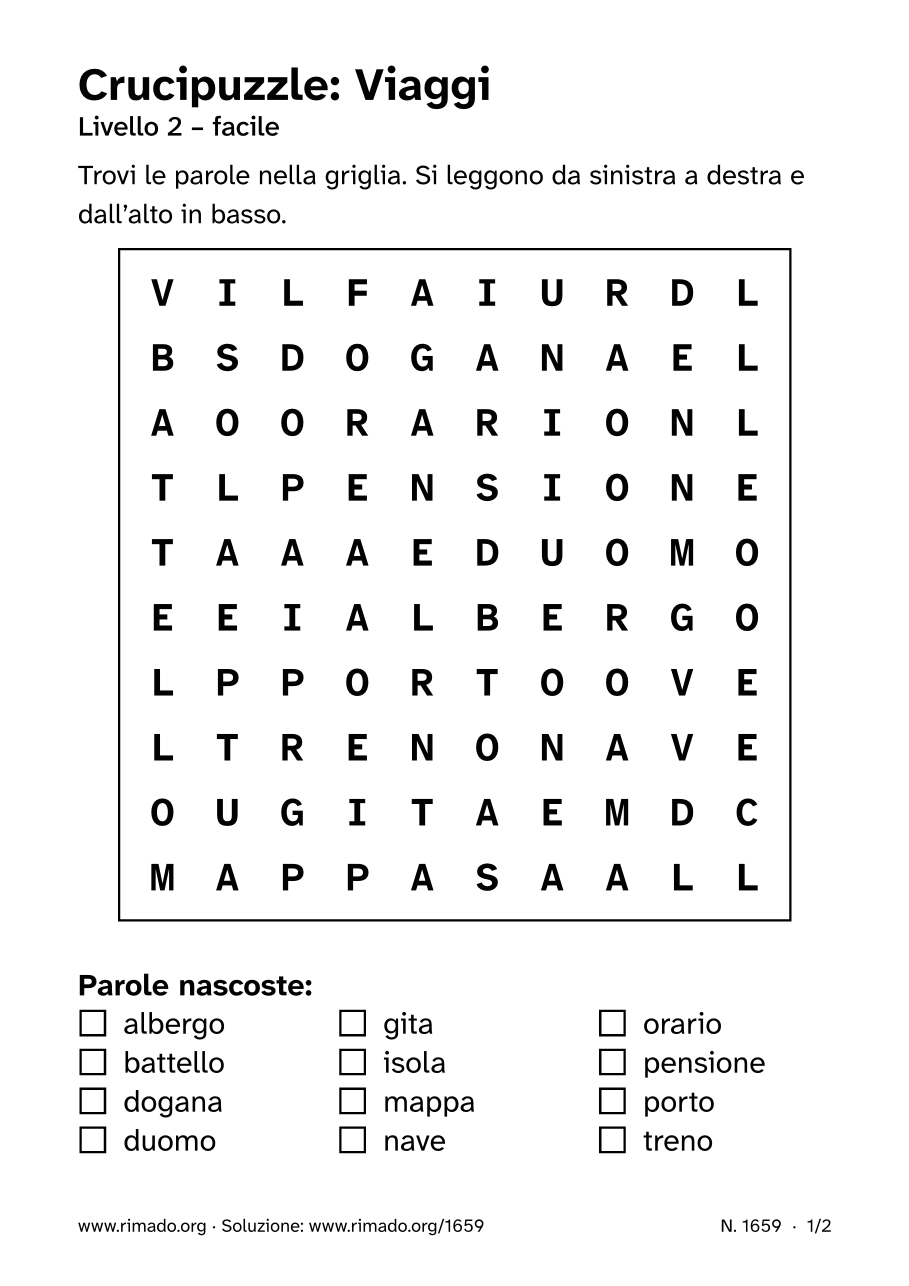 Anteprima del foglio stampato: Crucipuzzle «Viaggi», n. 1659