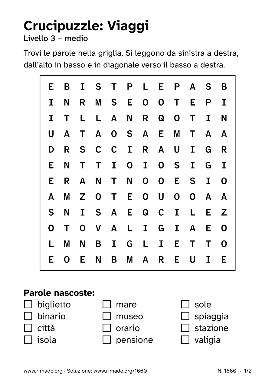 Anteprima del foglio stampato: Crucipuzzle «Viaggi», n. 1660