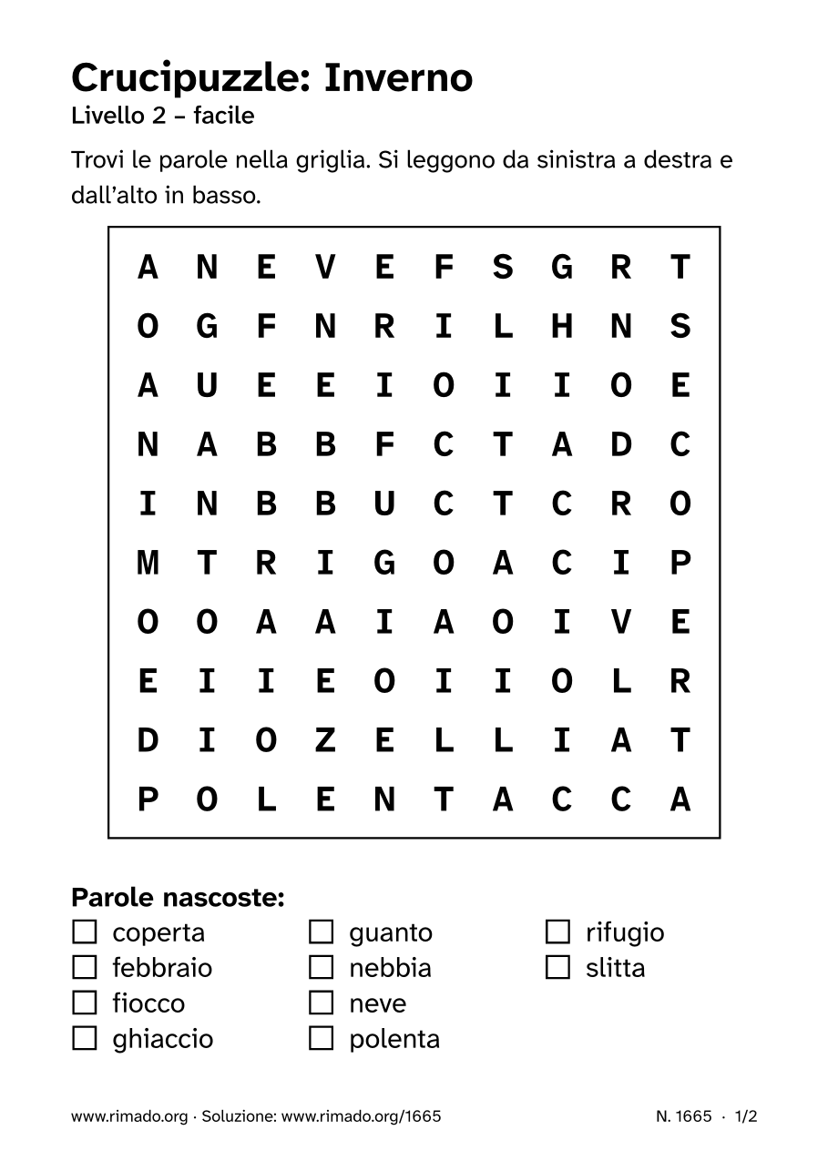Anteprima del foglio stampato: Crucipuzzle «Inverno», n. 1665