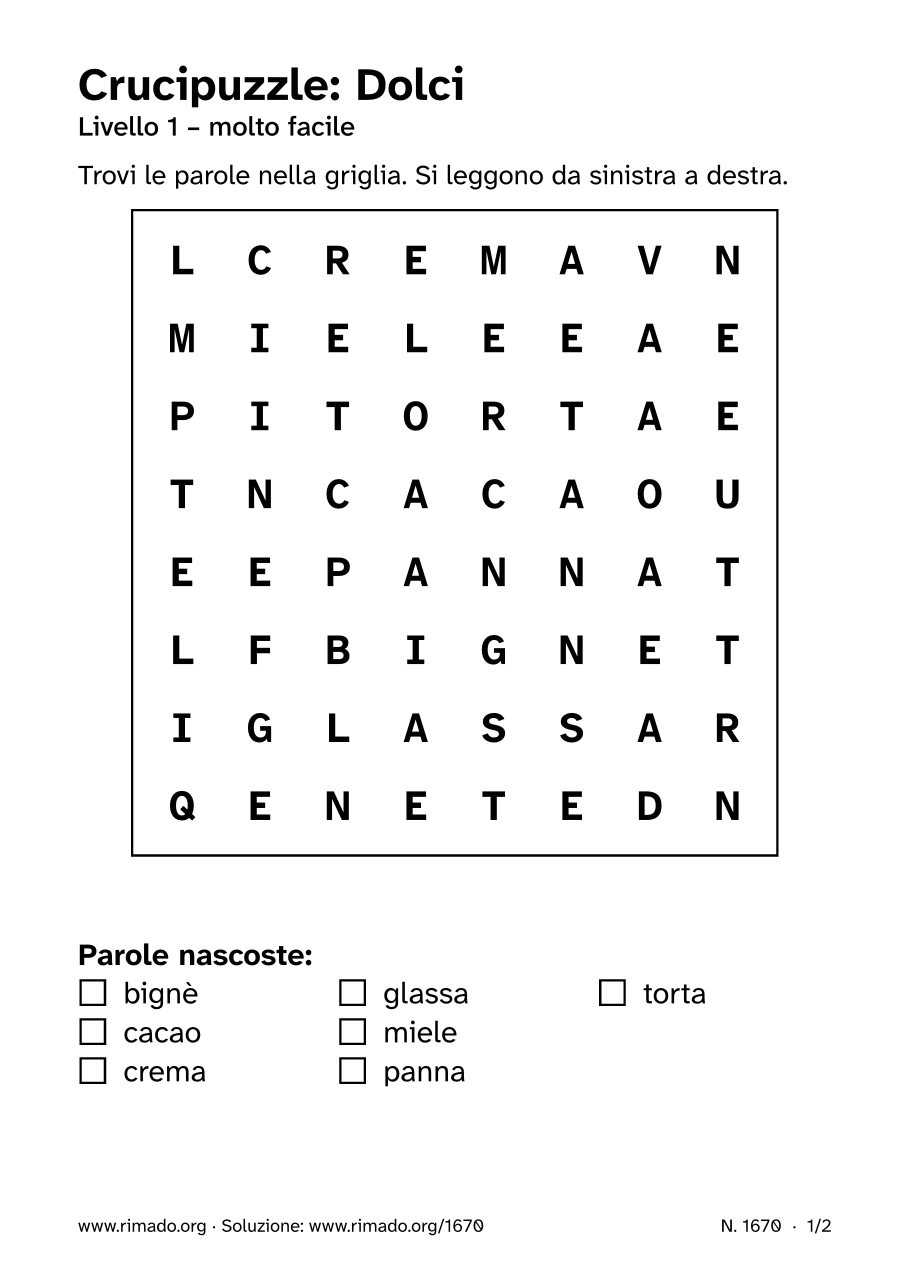 Anteprima del foglio stampato: Crucipuzzle «Dolci», n. 1670