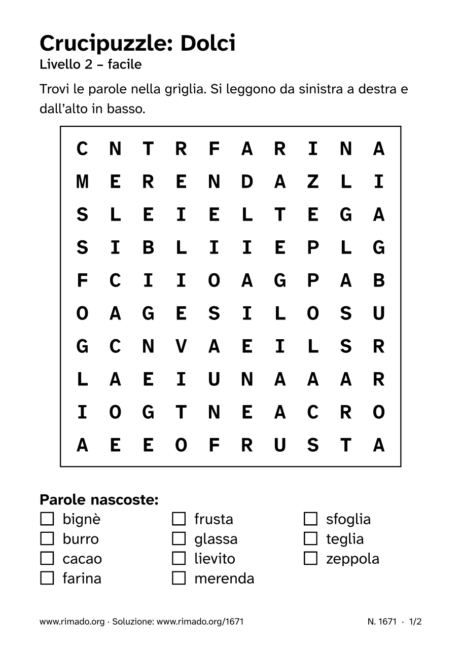 Anteprima del foglio stampato: Crucipuzzle «Dolci», n. 1671