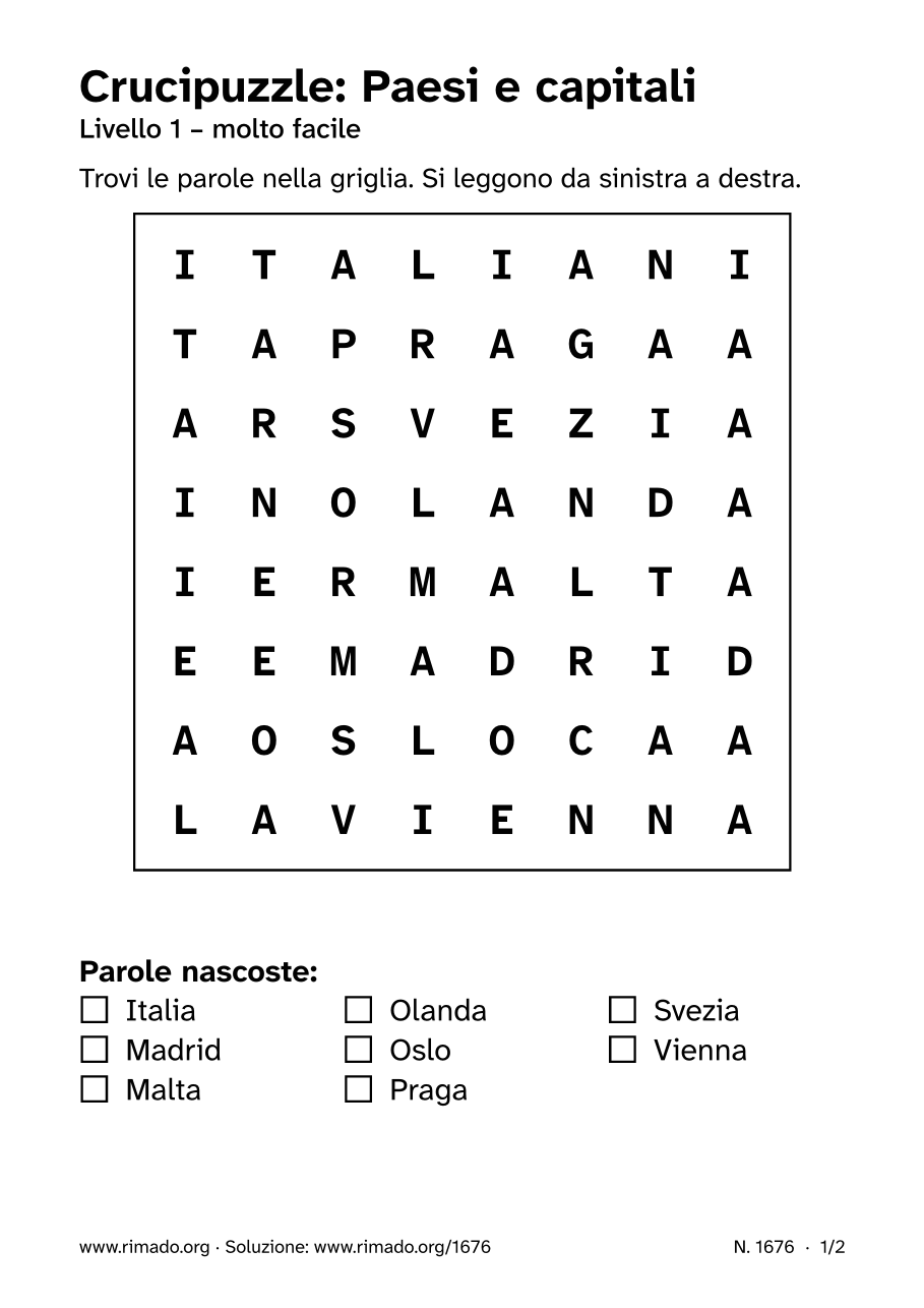 Anteprima del foglio stampato: Crucipuzzle «Paesi e capitali», n. 1676