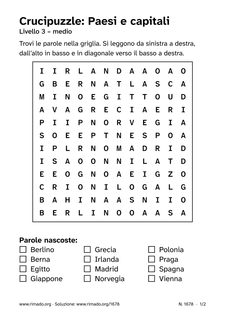 Anteprima del foglio stampato: Crucipuzzle «Paesi e capitali», n. 1678