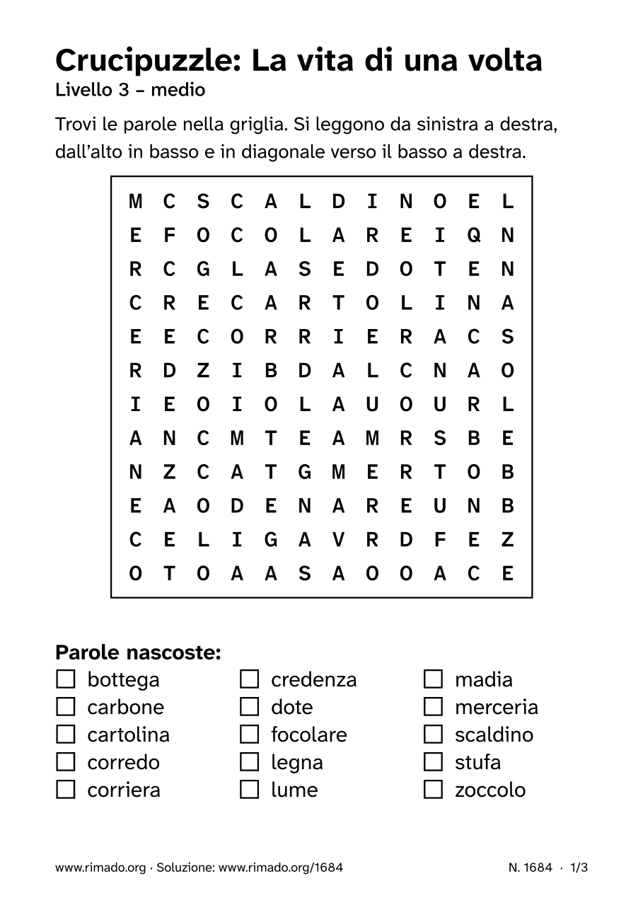 Anteprima del foglio stampato: Crucipuzzle «La vita di una volta», n. 1684