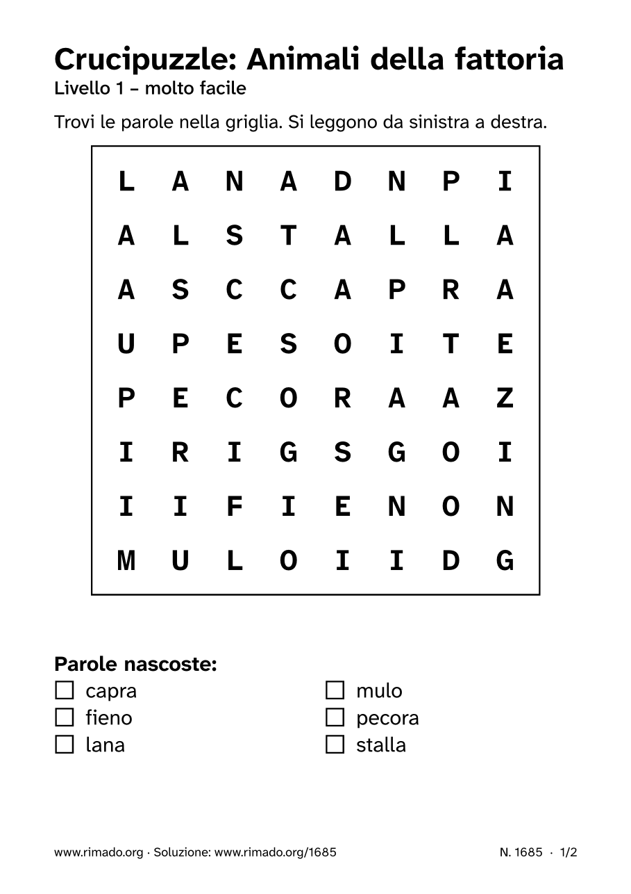 Anteprima del foglio stampato: Crucipuzzle «Animali della fattoria», n. 1685