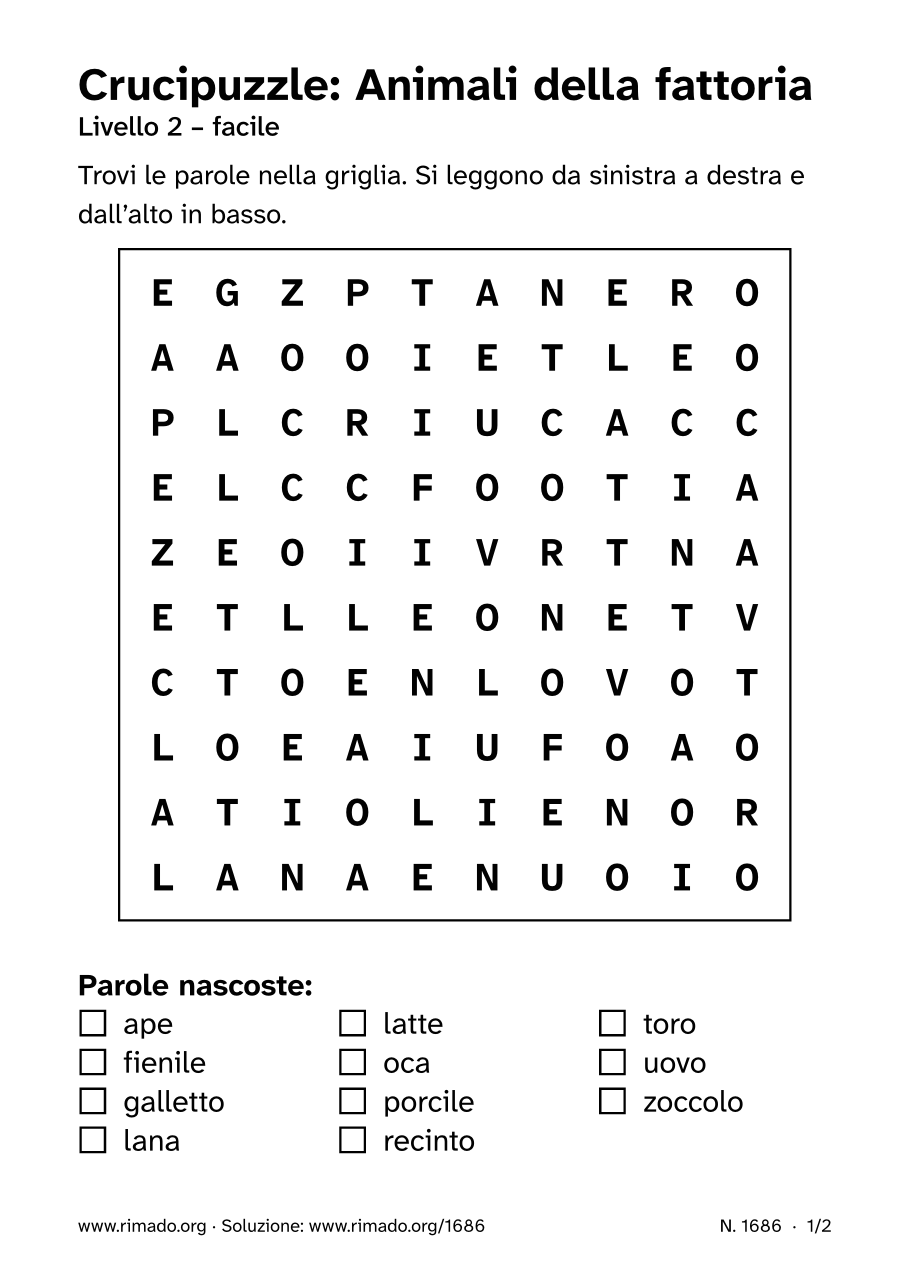 Anteprima del foglio stampato: Crucipuzzle «Animali della fattoria», n. 1686