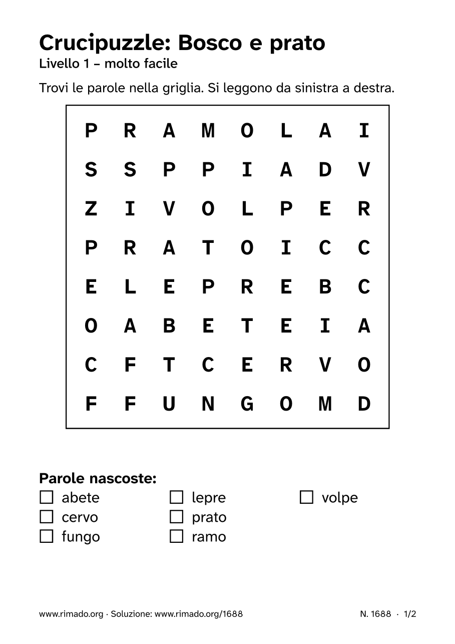 Anteprima del foglio stampato: Crucipuzzle «Bosco e prato», n. 1688