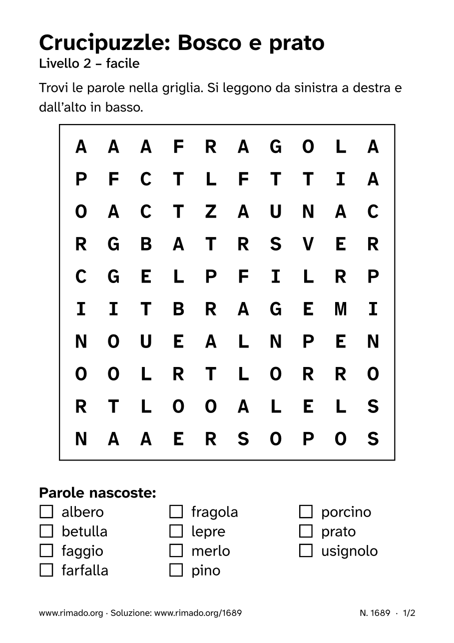 Anteprima del foglio stampato: Crucipuzzle «Bosco e prato», n. 1689