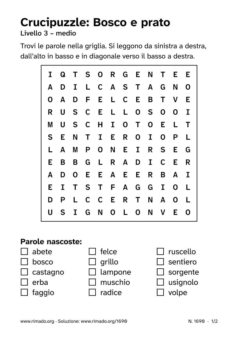 Anteprima del foglio stampato: Crucipuzzle «Bosco e prato», n. 1690