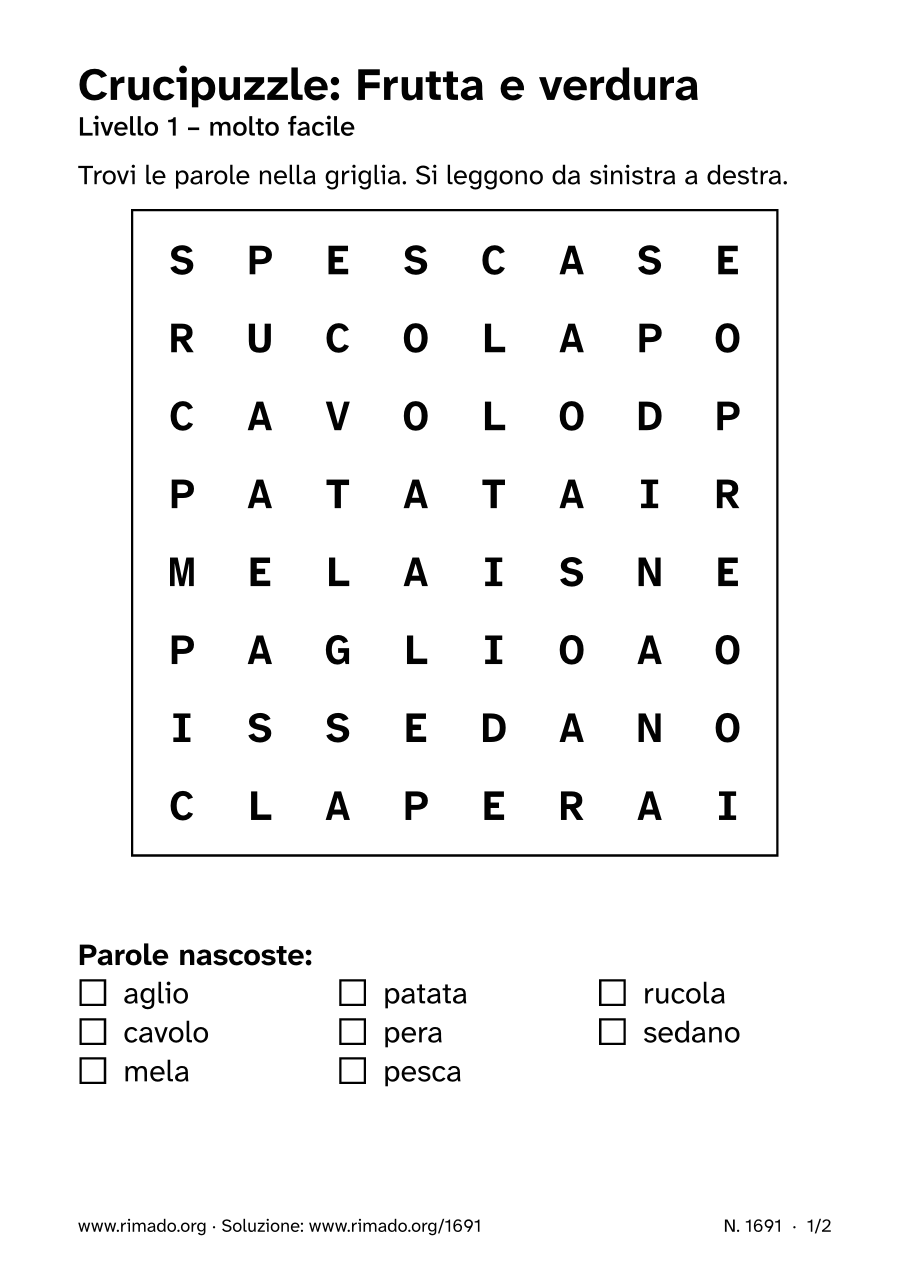 Anteprima del foglio stampato: Crucipuzzle «Frutta e verdura», n. 1691