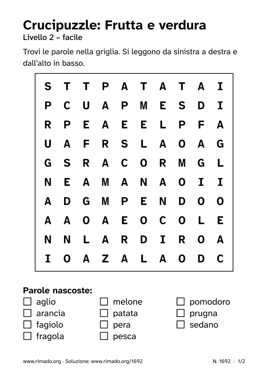Anteprima del foglio stampato: Crucipuzzle «Frutta e verdura», n. 1692