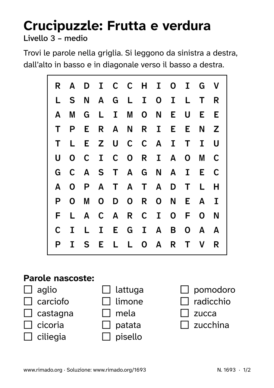 Anteprima del foglio stampato: Crucipuzzle «Frutta e verdura», n. 1693