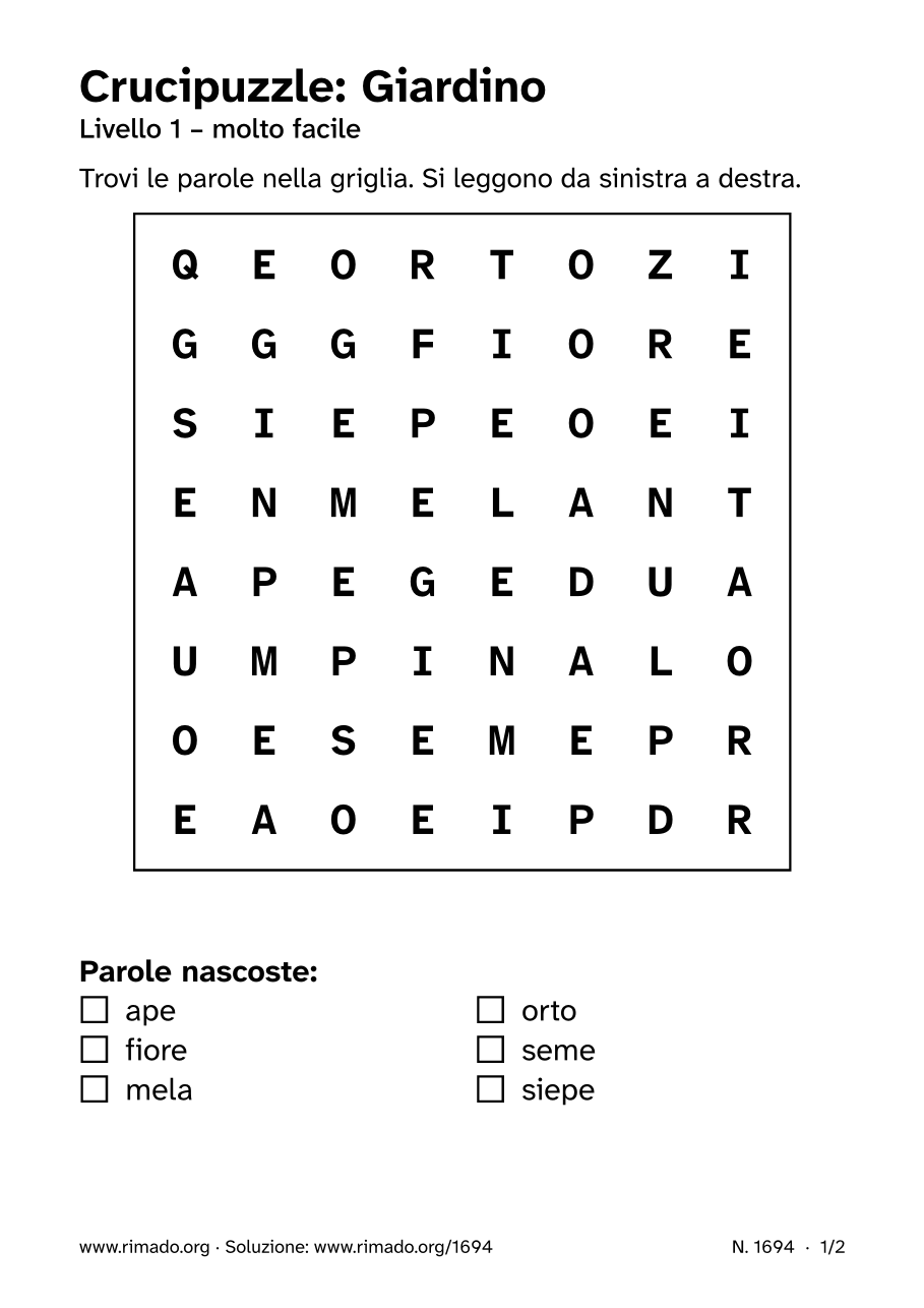 Anteprima del foglio stampato: Crucipuzzle «Giardino», n. 1694