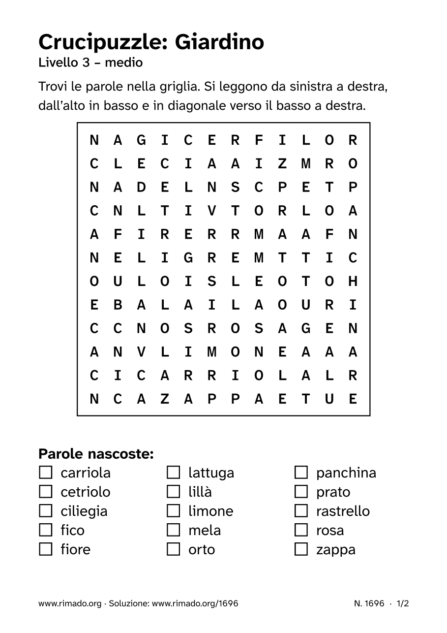Anteprima del foglio stampato: Crucipuzzle «Giardino», n. 1696