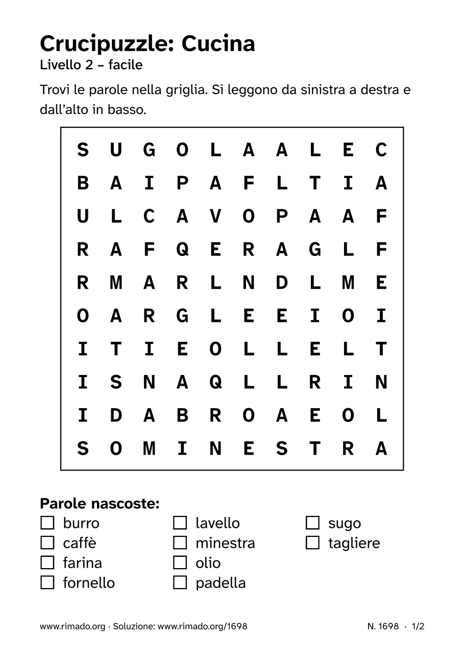Anteprima del foglio stampato: Crucipuzzle «Cucina», n. 1698