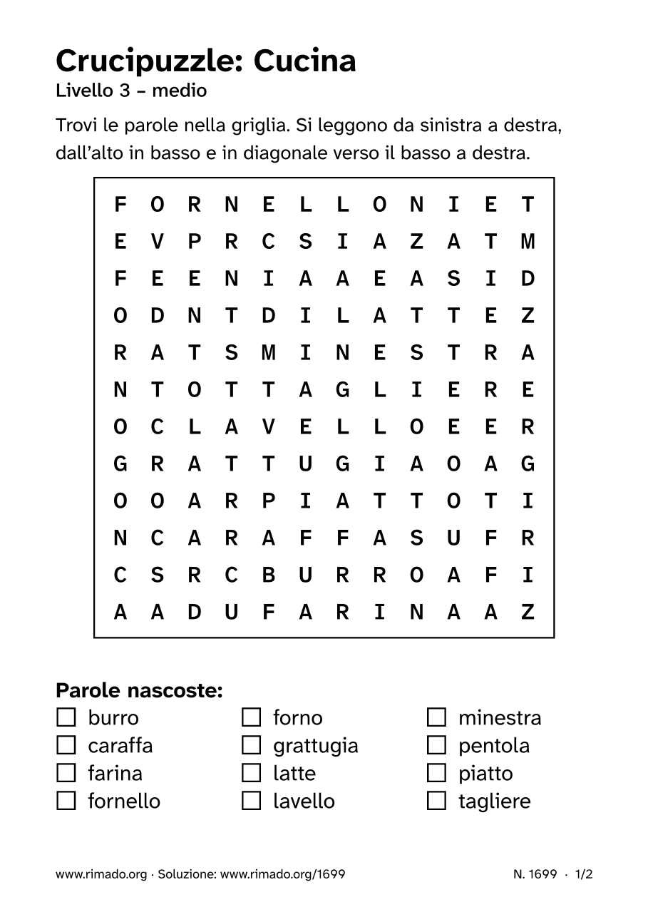 Anteprima del foglio stampato: Crucipuzzle «Cucina», n. 1699