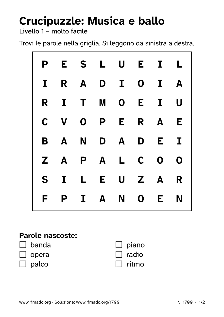 Anteprima del foglio stampato: Crucipuzzle «Musica e ballo», n. 1700