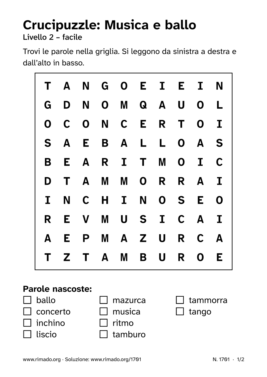 Anteprima del foglio stampato: Crucipuzzle «Musica e ballo», n. 1701