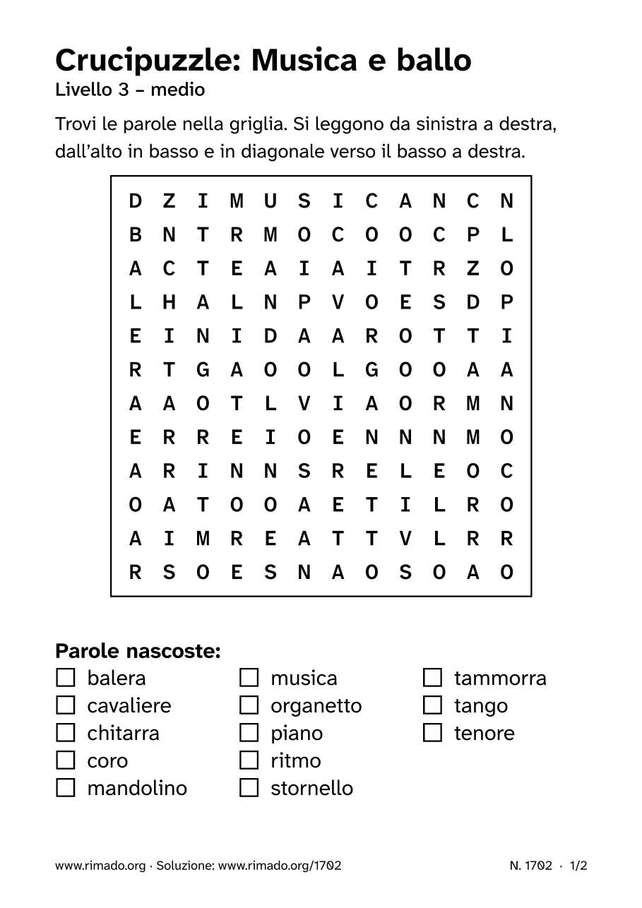Anteprima del foglio stampato: Crucipuzzle «Musica e ballo», n. 1702