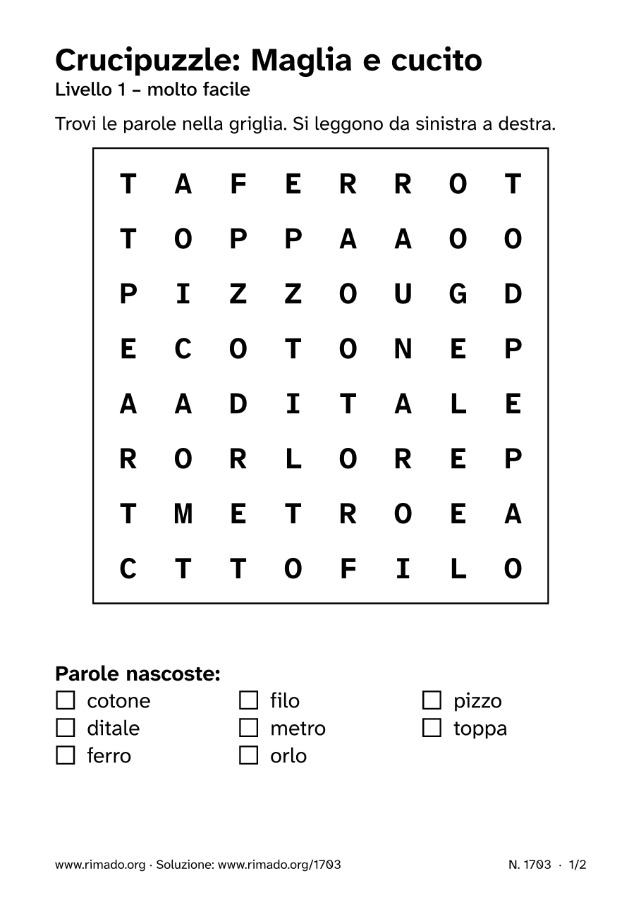 Anteprima del foglio stampato: Crucipuzzle «Maglia e cucito», n. 1703