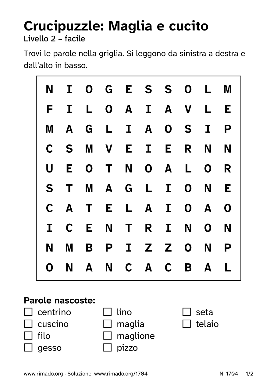Anteprima del foglio stampato: Crucipuzzle «Maglia e cucito», n. 1704