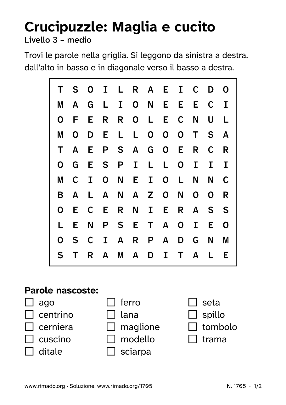 Anteprima del foglio stampato: Crucipuzzle «Maglia e cucito», n. 1705
