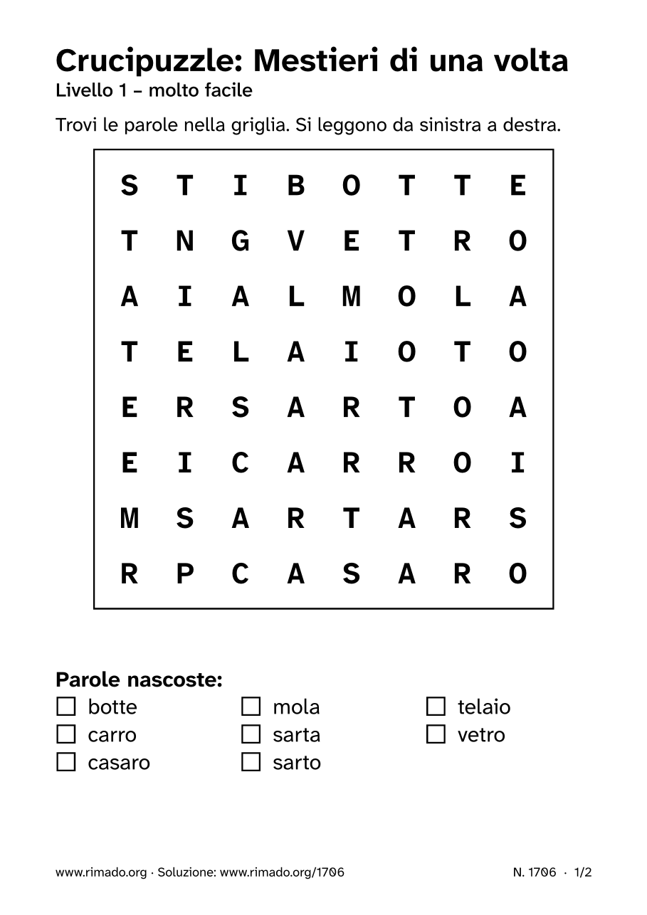 Anteprima del foglio stampato: Crucipuzzle «Mestieri di una volta», n. 1706