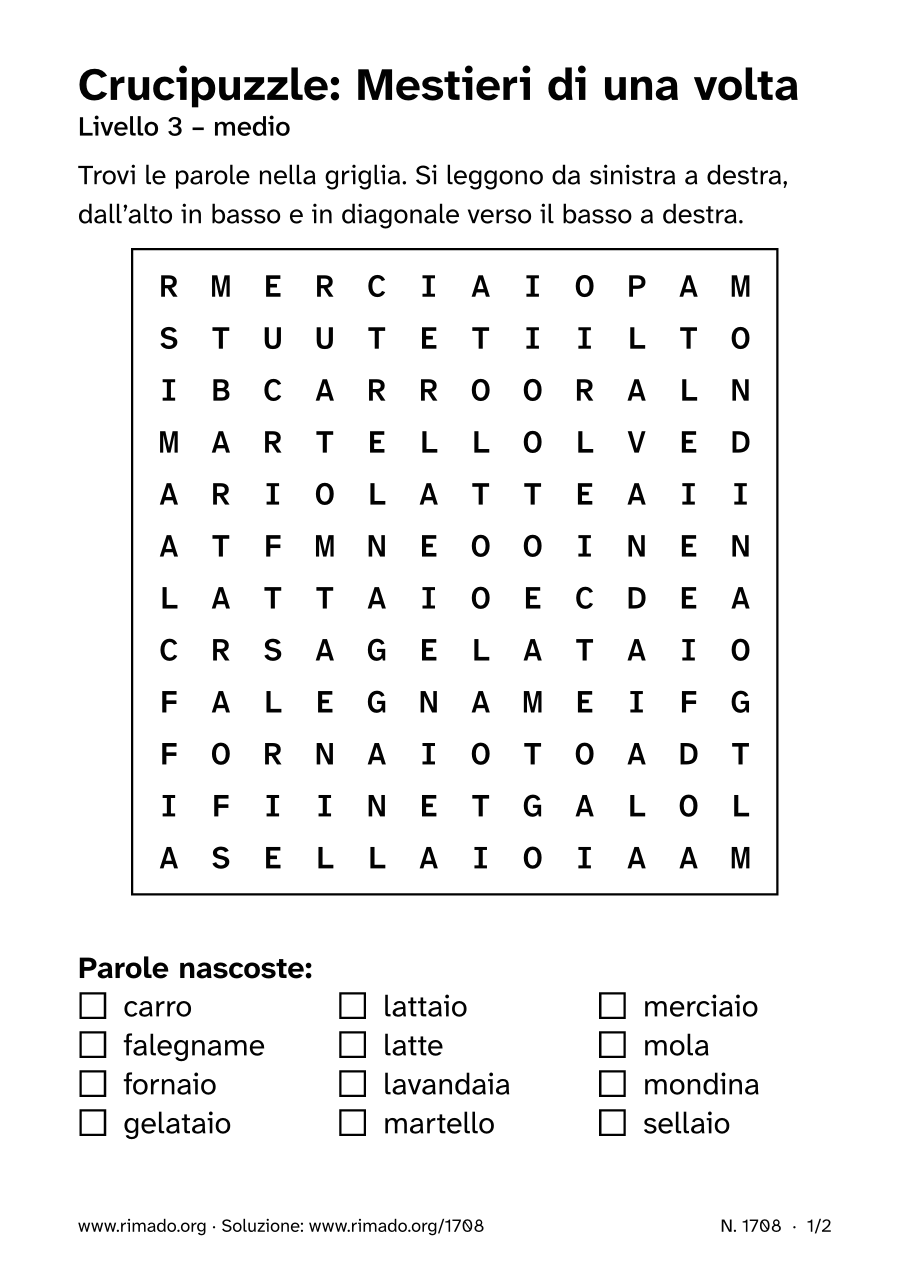 Anteprima del foglio stampato: Crucipuzzle «Mestieri di una volta», n. 1708