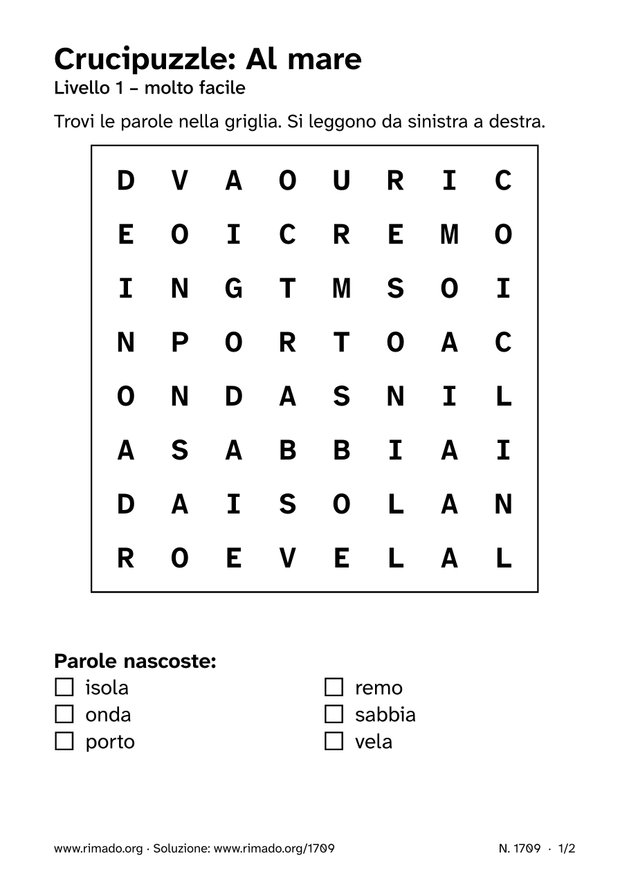 Anteprima del foglio stampato: Crucipuzzle «Al mare», n. 1709