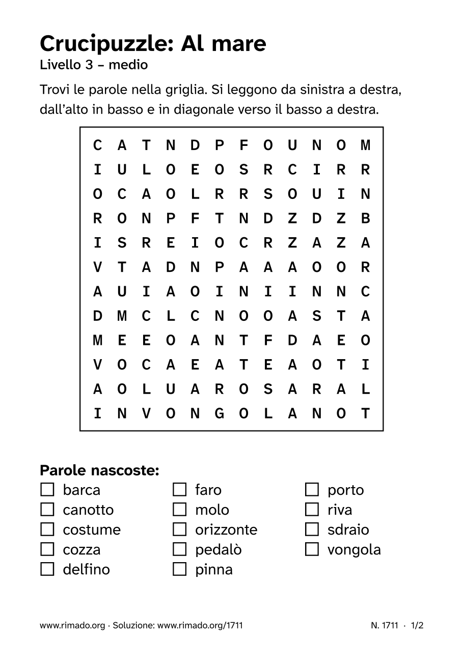 Anteprima del foglio stampato: Crucipuzzle «Al mare», n. 1711