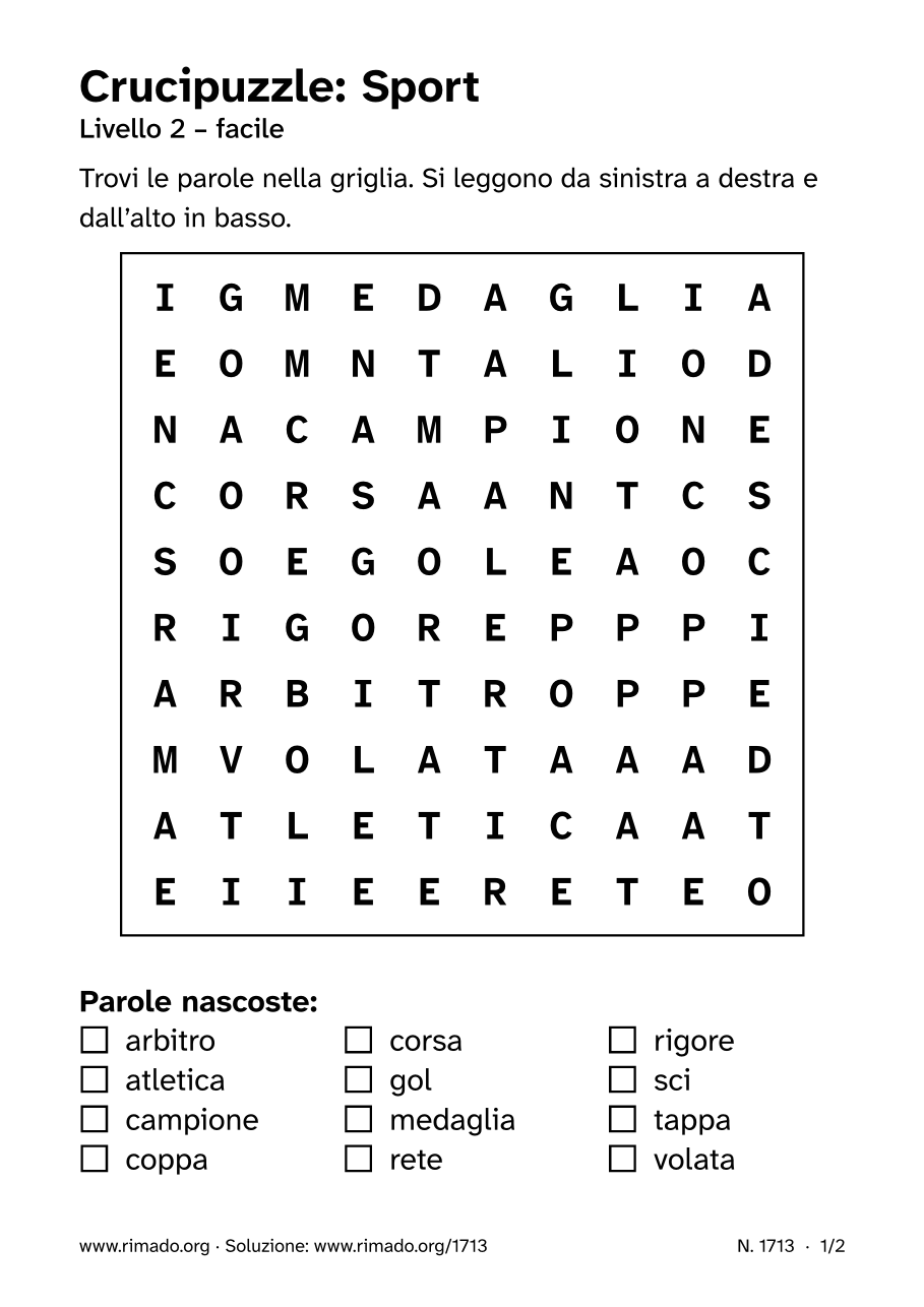 Anteprima del foglio stampato: Crucipuzzle «Sport», n. 1713