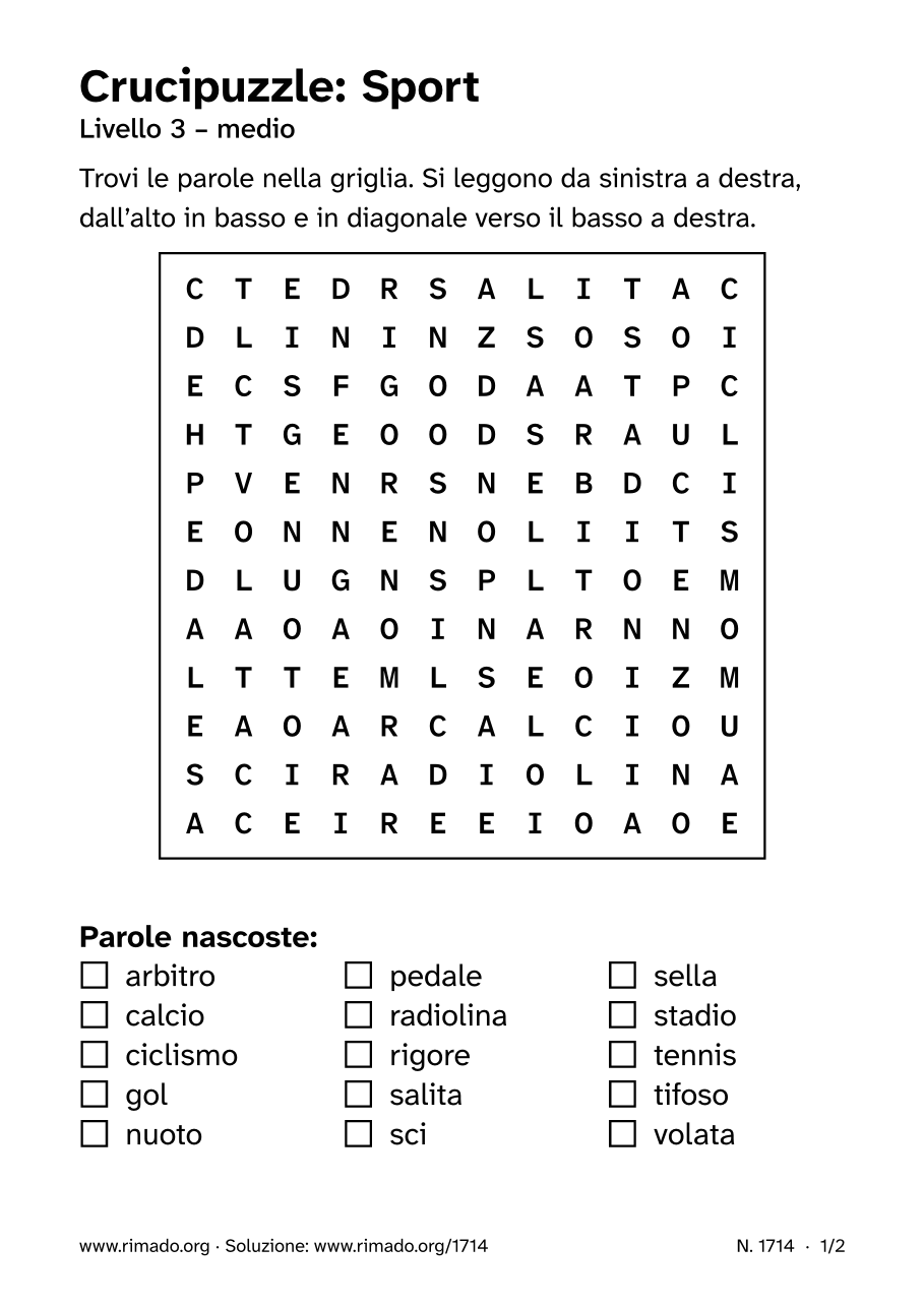 Anteprima del foglio stampato: Crucipuzzle «Sport», n. 1714