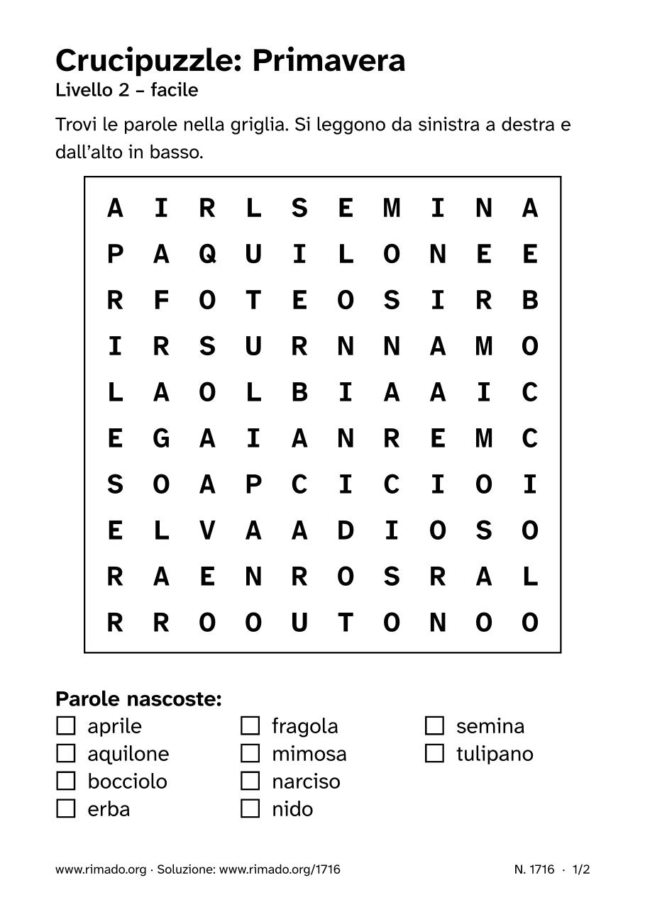 Anteprima del foglio stampato: Crucipuzzle «Primavera», n. 1716