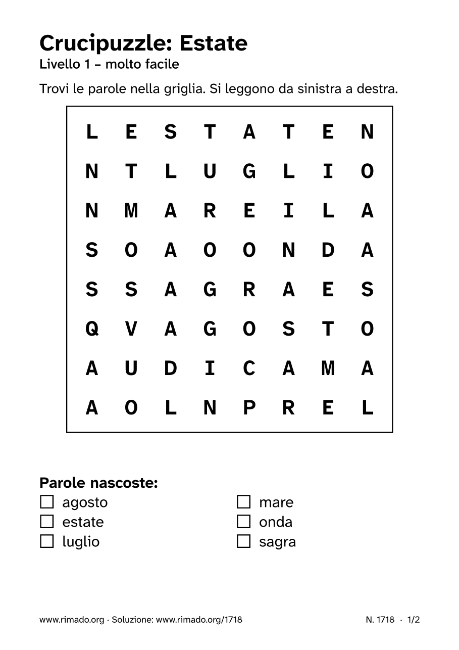 Anteprima del foglio stampato: Crucipuzzle «Estate», n. 1718