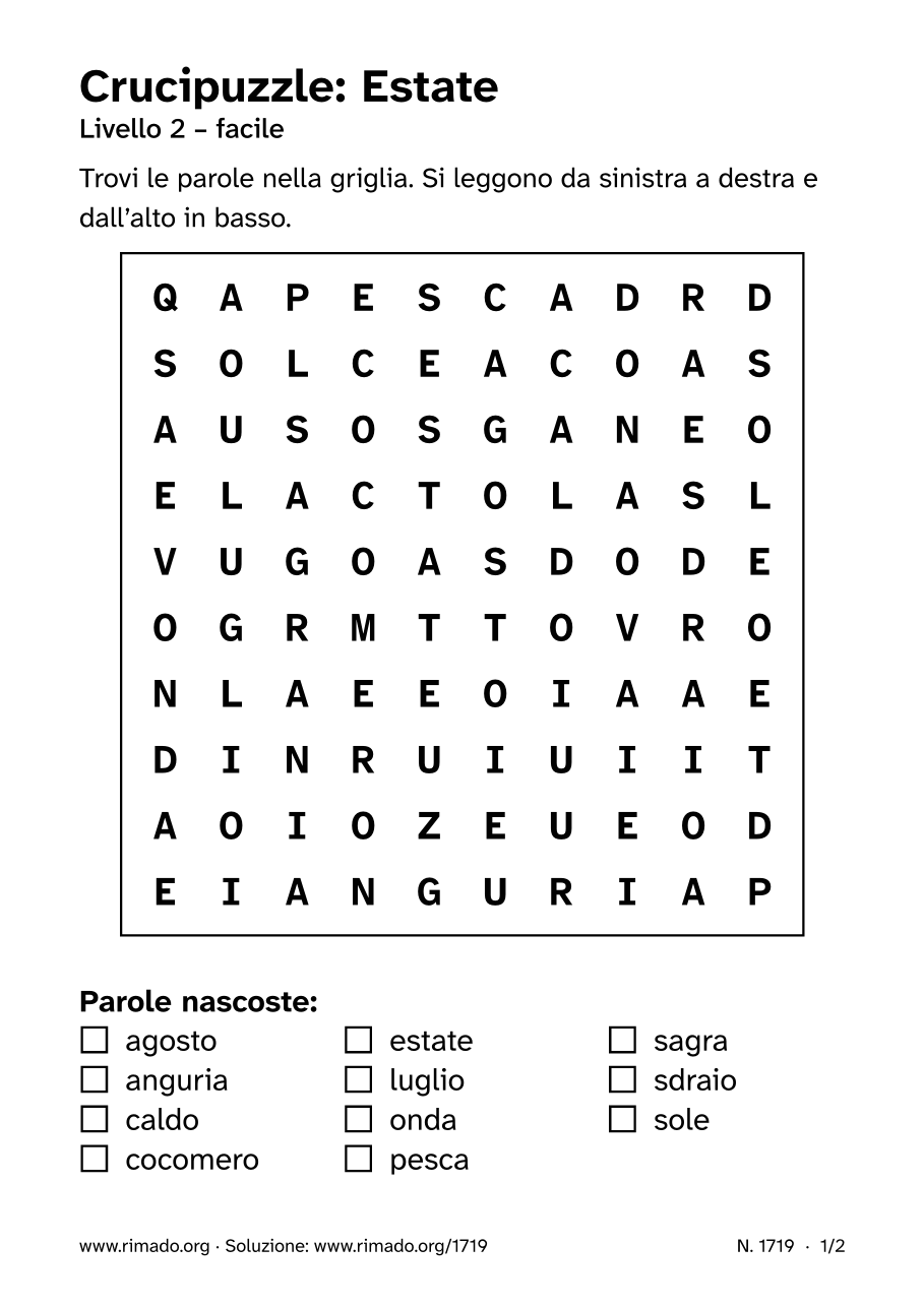 Anteprima del foglio stampato: Crucipuzzle «Estate», n. 1719