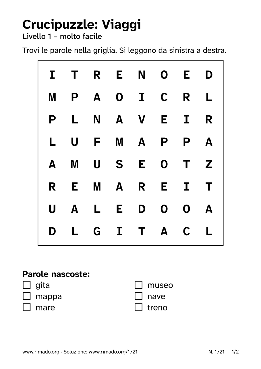 Anteprima del foglio stampato: Crucipuzzle «Viaggi», n. 1721