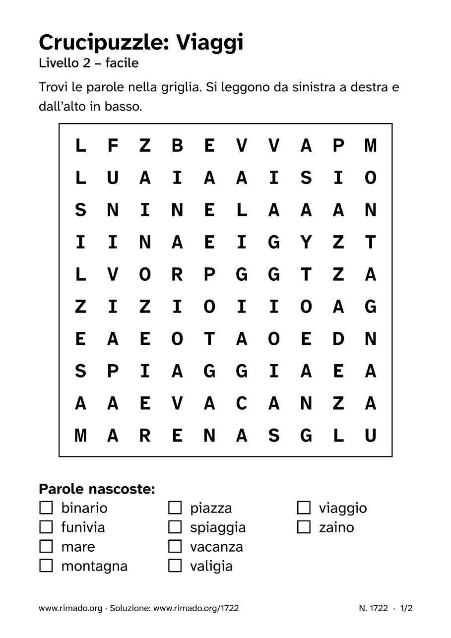 Anteprima del foglio stampato: Crucipuzzle «Viaggi», n. 1722