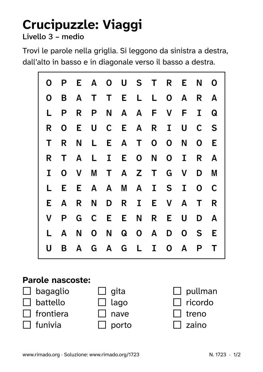 Anteprima del foglio stampato: Crucipuzzle «Viaggi», n. 1723